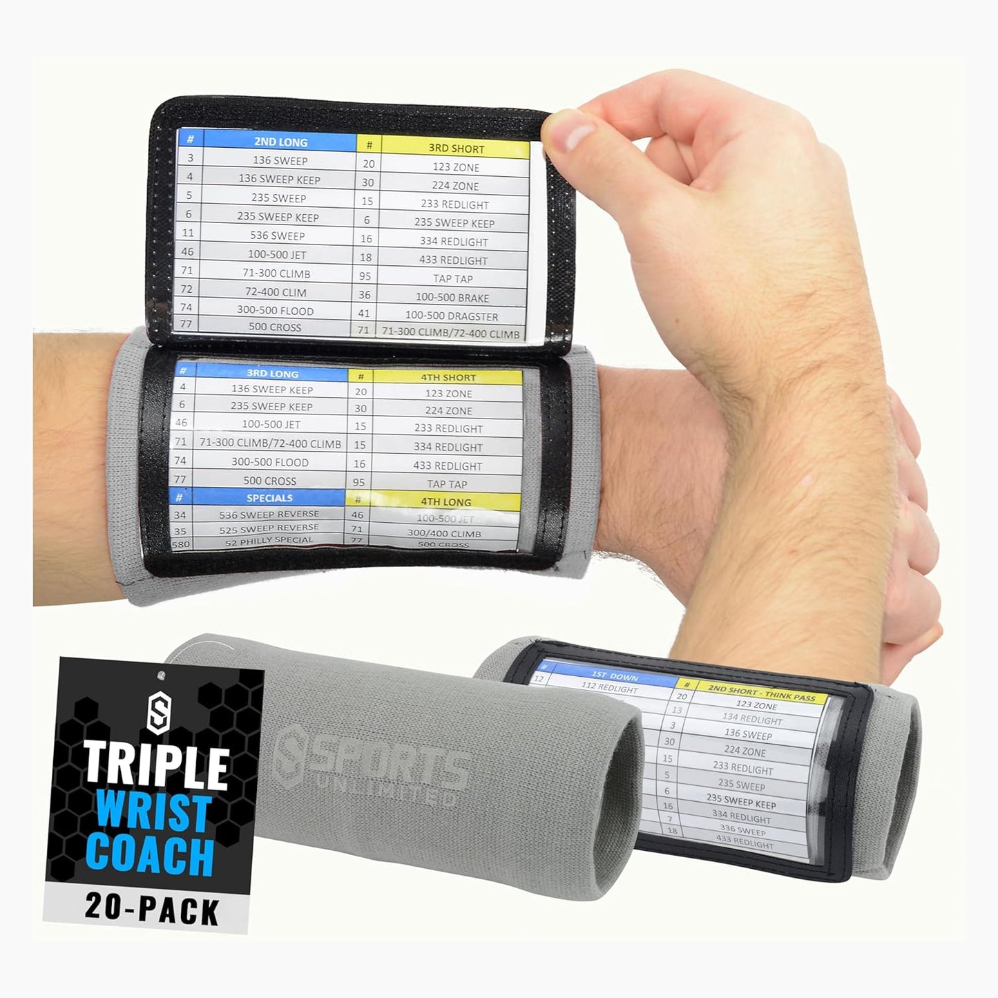 Sports Unlimited Adult Triple Wrist Coach, Football Wristbands for Plays, Baseball Wristbands, QB Arm Bands