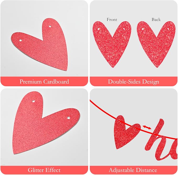 Glitter Happy Valentines Day Banner, Pre-Assemble Valentines Day Banners, Red Valentine's Day Sign with Heart for Valentine Home, Office, Fireplace, Wall and Party Decorations