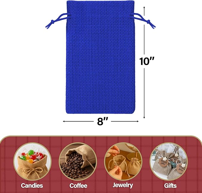 Mandala Crafts 8X10 Inch Royal Blue Burlap Drawstring Gift Bags for Favors - 20 Large Linen Sacks Gift Pouches for Candy, Coffee, Jewelry, Wedding, and Party Supplies