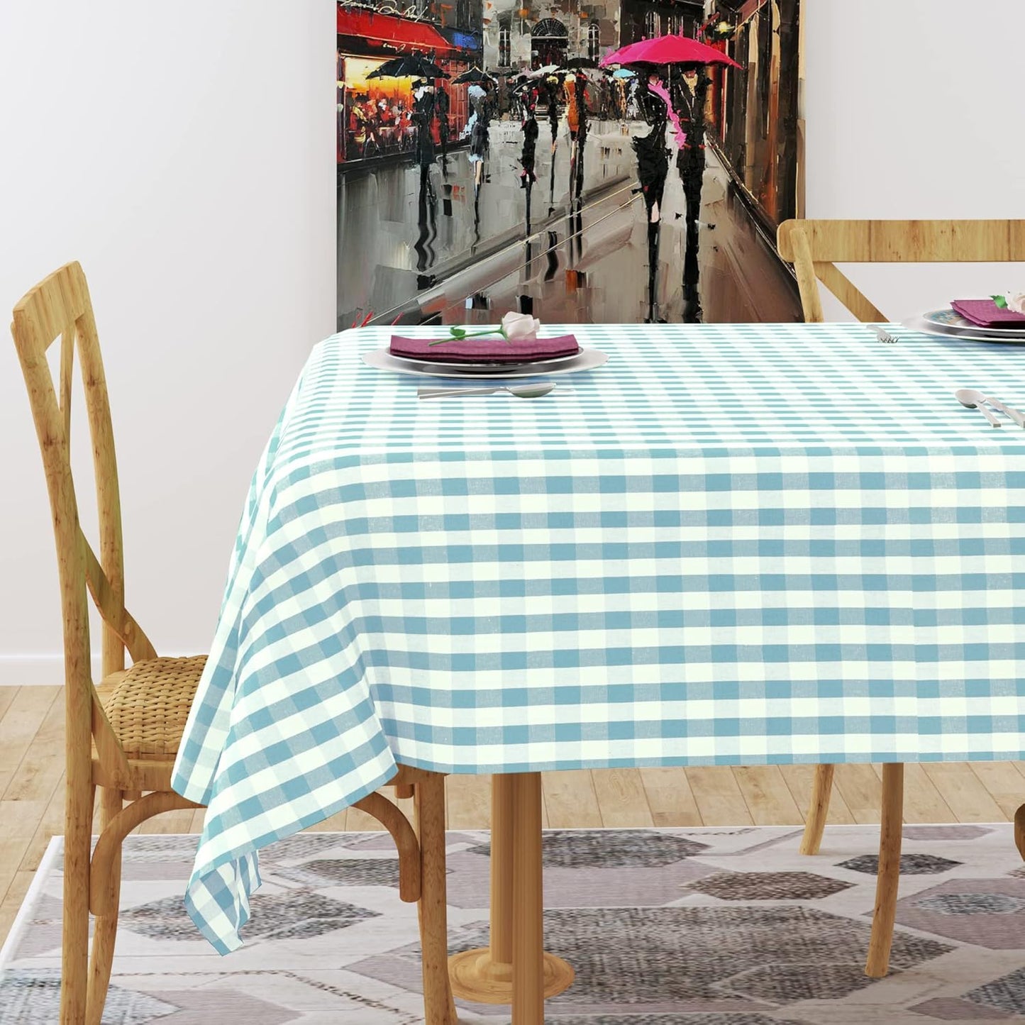 Urban Villa Tablecloth Buffalo Check Table Cloth Tabletop Cover Kitchen Dining Tablecloth 100%Cotton Great Parties Wedding Holiday Dinner Aqua/White Color Rectangle 60X102Inches 8-10 Seats Table Cloth