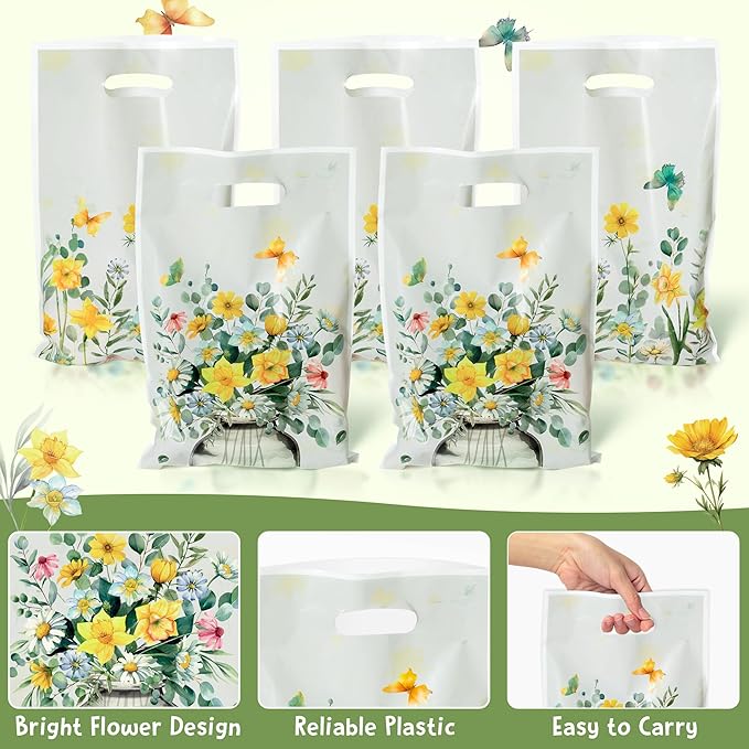 Bright Wildflower Party Favor Bags - 50Pcs Plastic Bright Wild Flowers Candy Treat Gift Bag with Handles Butterfly Snack Goodie Gift Sacks Wedding Birthday Party Supplies Baby Shower Decor