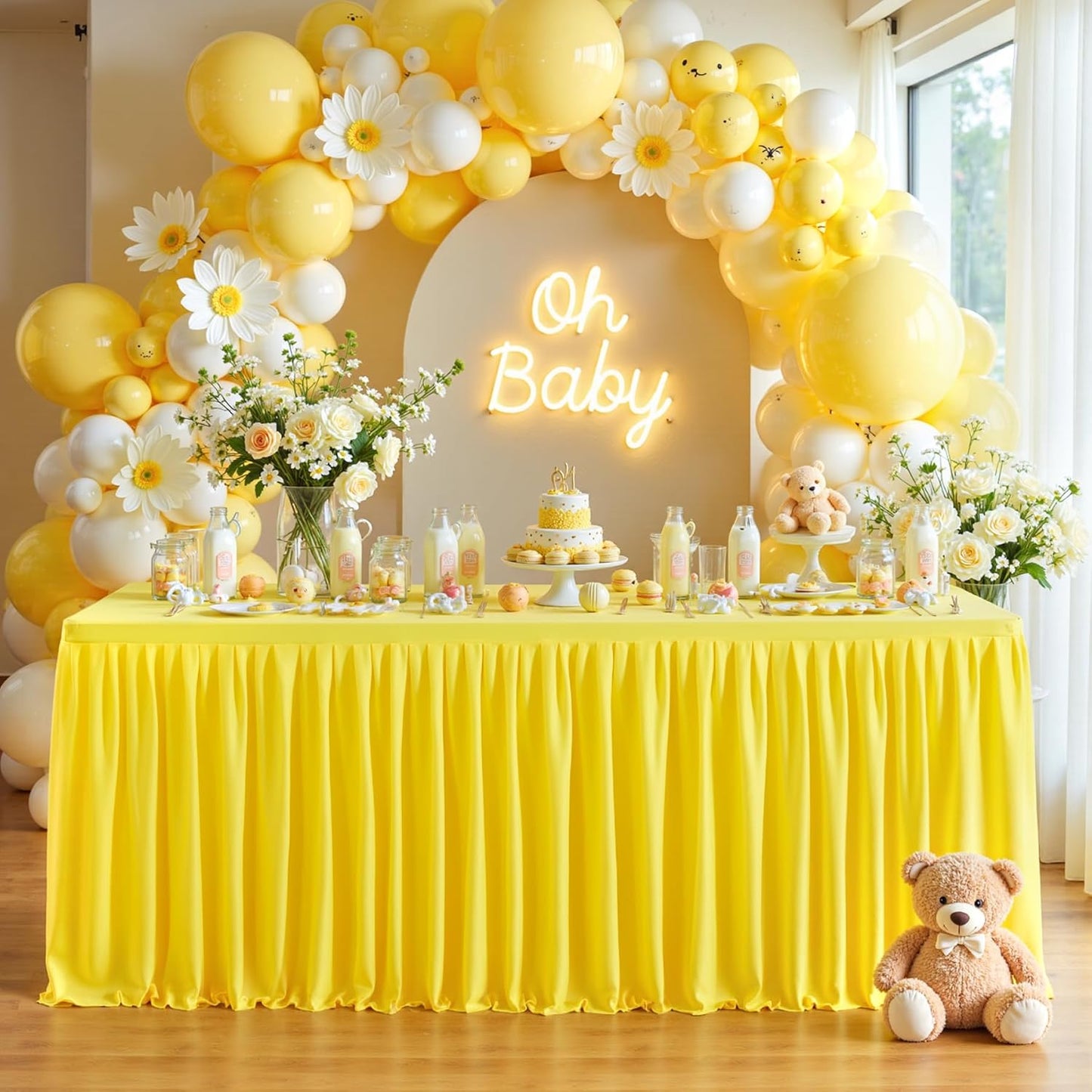 Yellow Polyester Table Clothes for 4 Foot Rectangle Tables, Wrinkle Free Fitted Table Cover with Pleated Ruffle Table Skirt for Birthday Party Wedding Trade Show Event Display