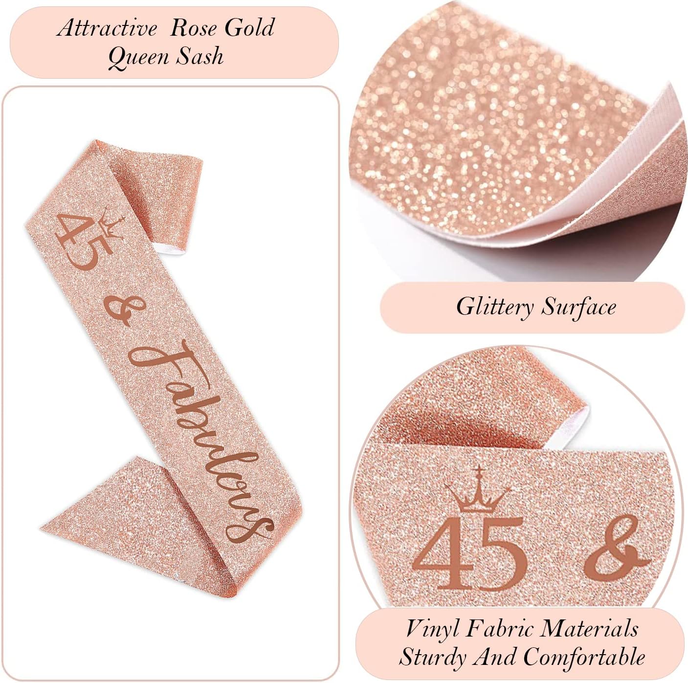 45th Birthday Gifts Decorations for Women, Including 45 year old Cake Topper, Birthday Queen Sash with Pearl Pin, Sweet Rhinestone Tiara Crown, Number Candles and Balloons Set, Rose Gold