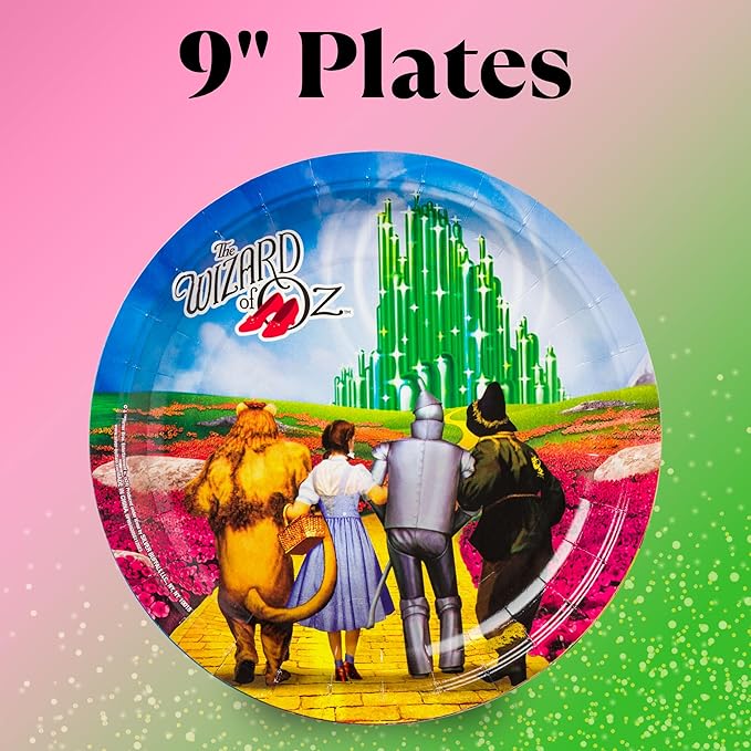Silver Buffalo The Wizard of Oz Emerald City Featuring Dorthy, Lion, Tin Man, Scarecrow, Wicked Witch of the West Elphaba, and Glinda 32 Pack Partyware Disposable Paper Plates and Napkins