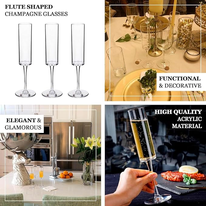 Efavormart 6 Pack Transparent Dusty Blue Reusable Plastic Champagne Flute Glasses in Cylindrical Shape, 6oz Wine Mimosa Glass Goblets with Long Stems - 9.5" Tall