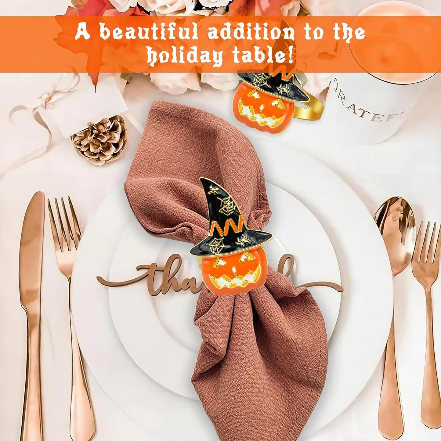 Legigo Set of 12 Halloween Napkin Rings for Dinning Table Settings- Horror Scary Orange Pumpkin Black Witch Hat Napkin Holder Ring for Holiday Party Kitchen Dinner Table Decarations