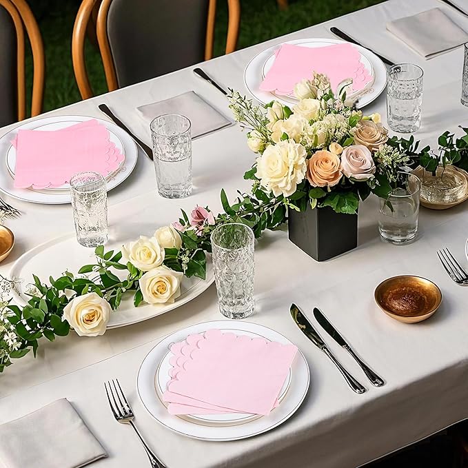 100 Pcs Pink Cocktail Napkins Folded 5 x 5 Scalloped Napkins Gradient Color Beverage Napkins Disposable Dessert Napkins for Birthday Party Supplies Wedding