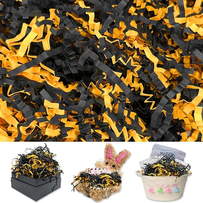 Gold Black Crinkle Cut Paper Shred Filler, 2 LB Basket Filler Shredded Paper, Confetti Stuffing for Basket Filling, Mother's Day, Birthdays, Weddings, DIY Gift Wrapping, Stuffer Party Supplies