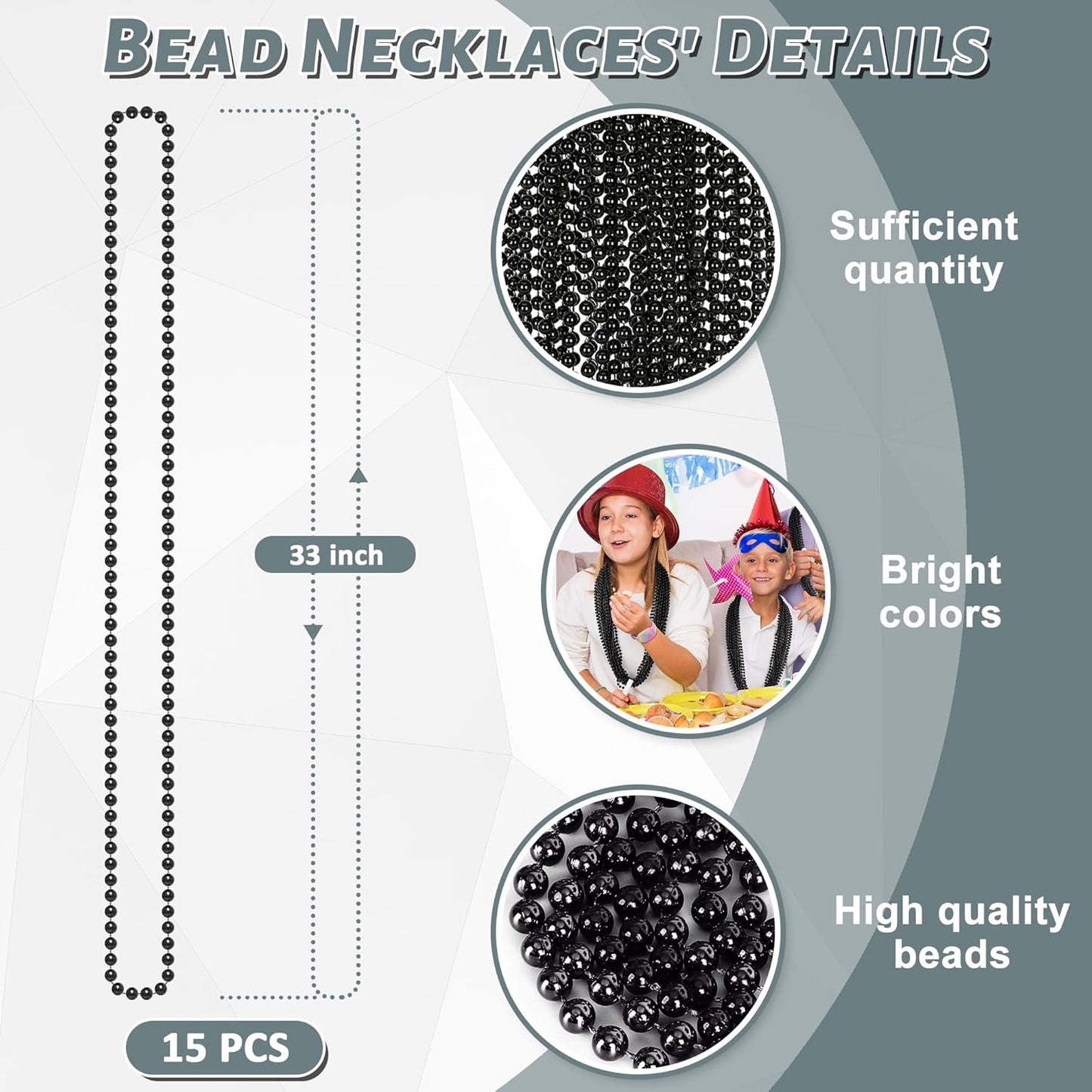 Black Beads Necklace, 15PCS Halloween Black Bead Stuff Accessories, 33" Mardi Gras Beads Necklace Costume, Festival Parade Throw for Halloween New Years Wedding Party Events Supplies Decorations