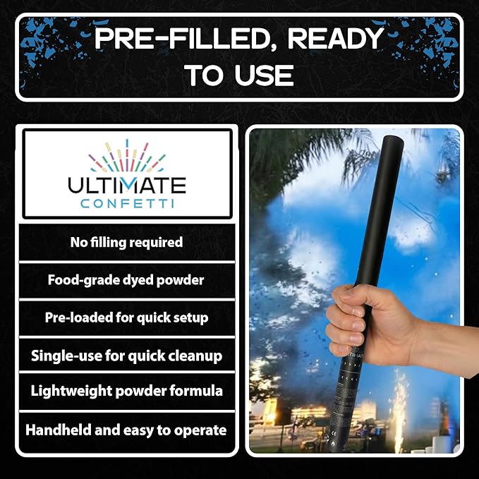 Ultimate Confetti – Handheld Gender Reveal Powder Cannon 24” Blue – Non-Toxic Food-Grade Powder Popper Cannon – Pre-Filled, Leak-Resistant Single-Use Cannon – 15–25 ft Outdoor Photo-Ready Explosion