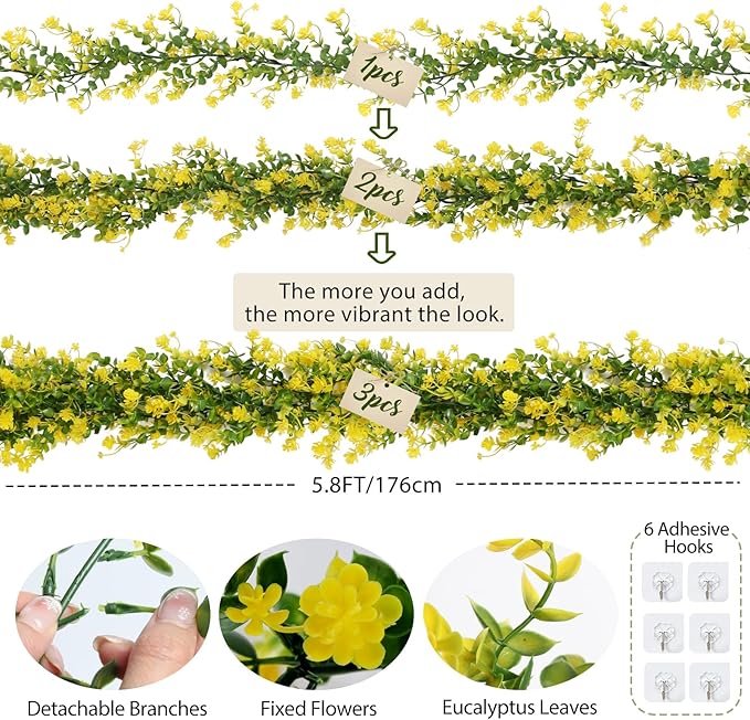 RECUTMS Hanging Garland Plants Artificial Eucalyptus Garland Fake Hanging Eucalyptus Leaf Garlands with Flowers Faux Vine Plants for Indoor Outdoor Spring Thanksgiving Wall Arch Wedding Decor(Yellow)
