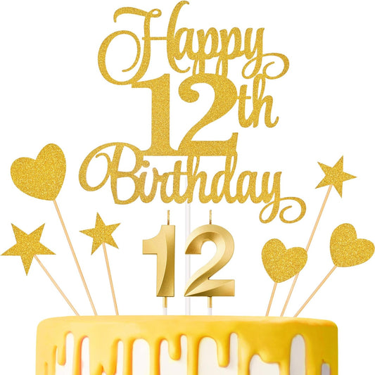 12th Birthday Cake Decorations, 12th Birthday Candles Cake Numeral Candles and Glitter Happy 12th Birthday Cake Toppers Set for Birthday Party Supplies (Gold)