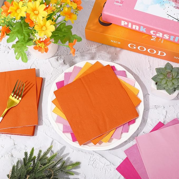 Whaline 120Pcs Orange Pink Cocktail Napkin 6 Colors Multi Color Beverage Paper Napkin 5 * 5 Inch Orange Disposable Napkins for Tequila Sunrise Home Bar Baby Shower Table Party Decor