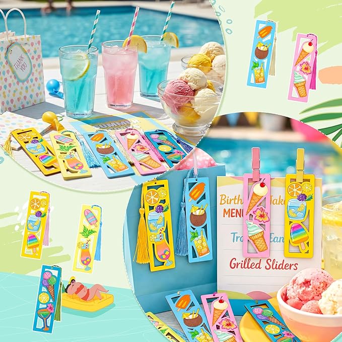 Yexiya 100 Pcs Bulk Summer Ice Cream DIY Bookmarks Kit - 50 Set Unfinished Wood Crafts with Tassels for Classroom Rewards, Student End of Year Gifts, Summer Camp & Luau Party Favors