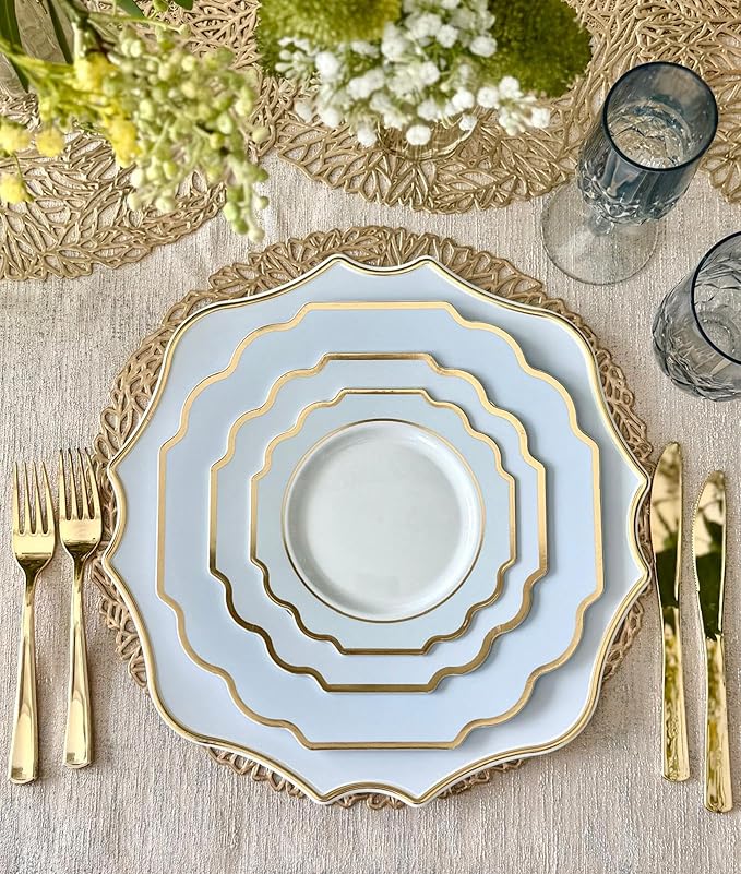 " OCCASIONS " 20 Pieces 13.25'' Scalloped Disposable/Reusable Plastic Charger Plates for Wedding, (Scalloped Imperial Blue & Gold)