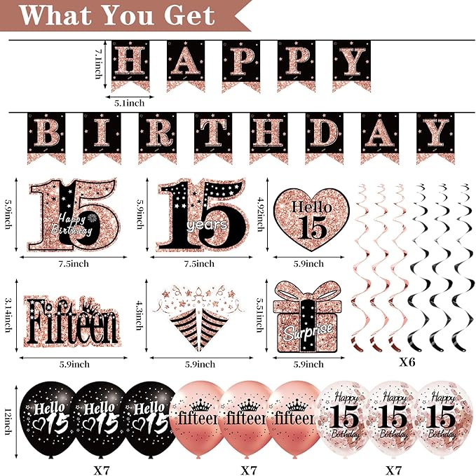 15th Birthday Decorations for Girls, 33pcs Black Rose Gold Happy 15th Birthday Banner 15 Birthday Crown and Sash Balloons Backdrop Hanging Swirls Paper Fans, 15 Years Old Party Supplies Kit