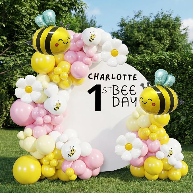 146PCS Bee Balloon Arch Garland Kit with Yellow Pastel Pink White Daisy Balloons for Girls Bee Birthday Decorations, Mothers Day Party, Bear Baby Shower, Flower or Groovy Theme Decor