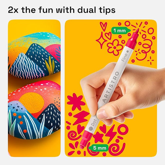 ARTISTRO 12 Acrylic Paint Markers for Rock, Fabric, Wood, Glass, Decoration - Dual-Tip Paint Pens for Coloring Books for Adults, Teens, Kids - Art and Craft Supplies Kit - Gift Idea