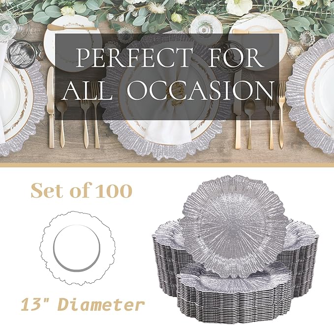 MAONAME 13" Silver Charger Plates Set of 100, Reef Plate Chargers Bulk, Round Charger for Dinner Plates, Plastic Table Chargers for Wedding Decor
