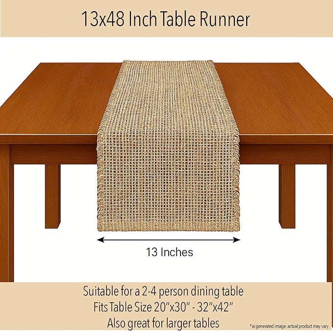 Chardin home Natural Jute Table Runner 13x48 Inch – Vintage Boho Rustic Table Decor – Handwoven Table Runner in Natural Jute and Brown – Farmhouse Dining or Console Table Accent