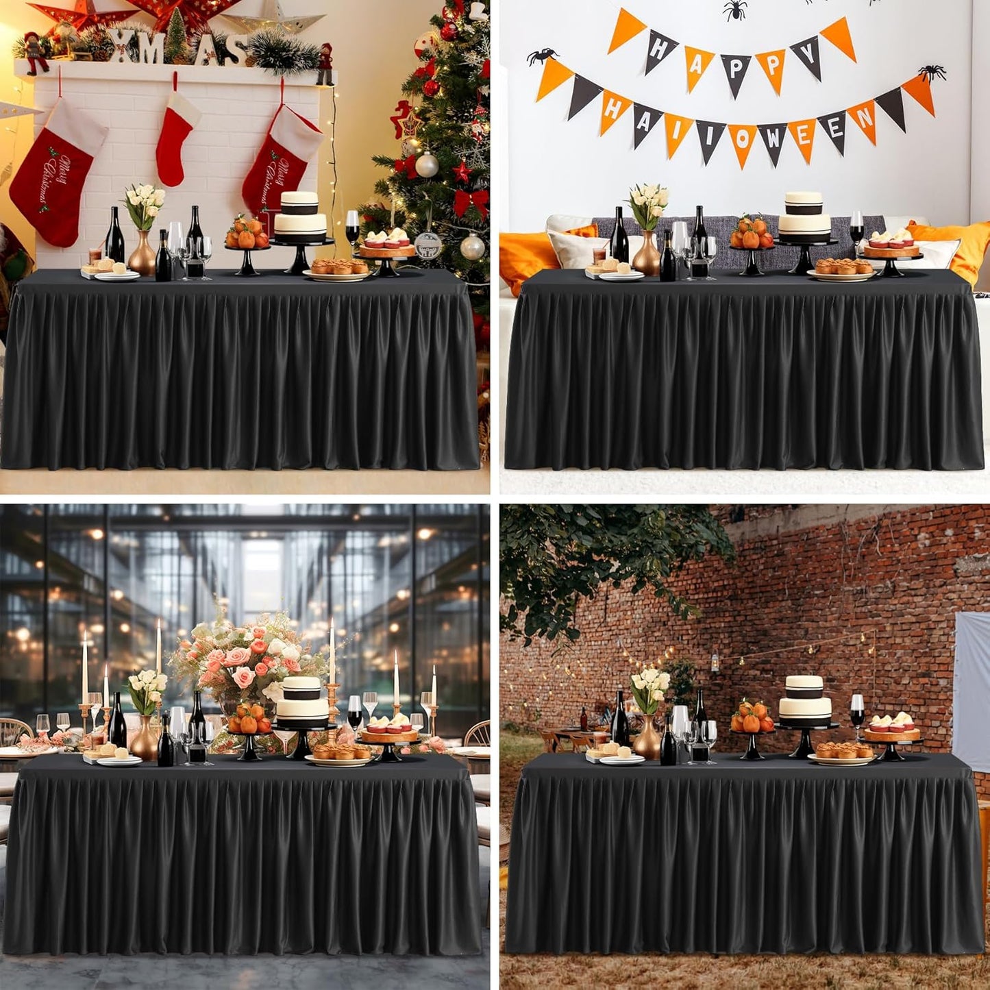Black Polyester Table Skirt for Rectangle Tables 6ft, Wrinkle Free Pleated Ruffle Fitted Table Cover 6ft Stretch Tablecloths with Skirt for Parties Weddings Birthday Banquet Baby Shower