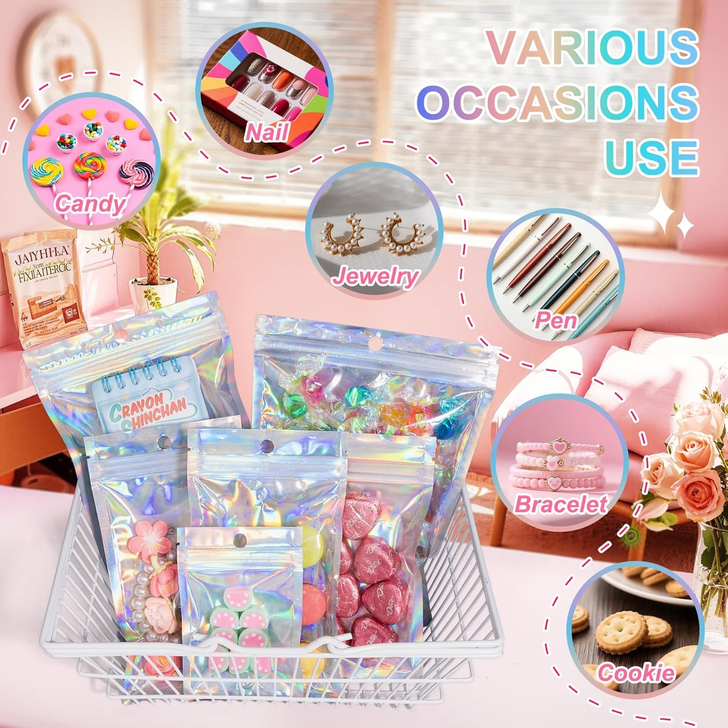 ANZNKU 100 Pack Mylar Bags Reasealable Holographic Bags, Smell Proof Bag Zipper Pouches with Clear Window, Jewelry Candy Sealable Bag for Packaging Sample Party Favor (5.5 x 7.9 Inch)