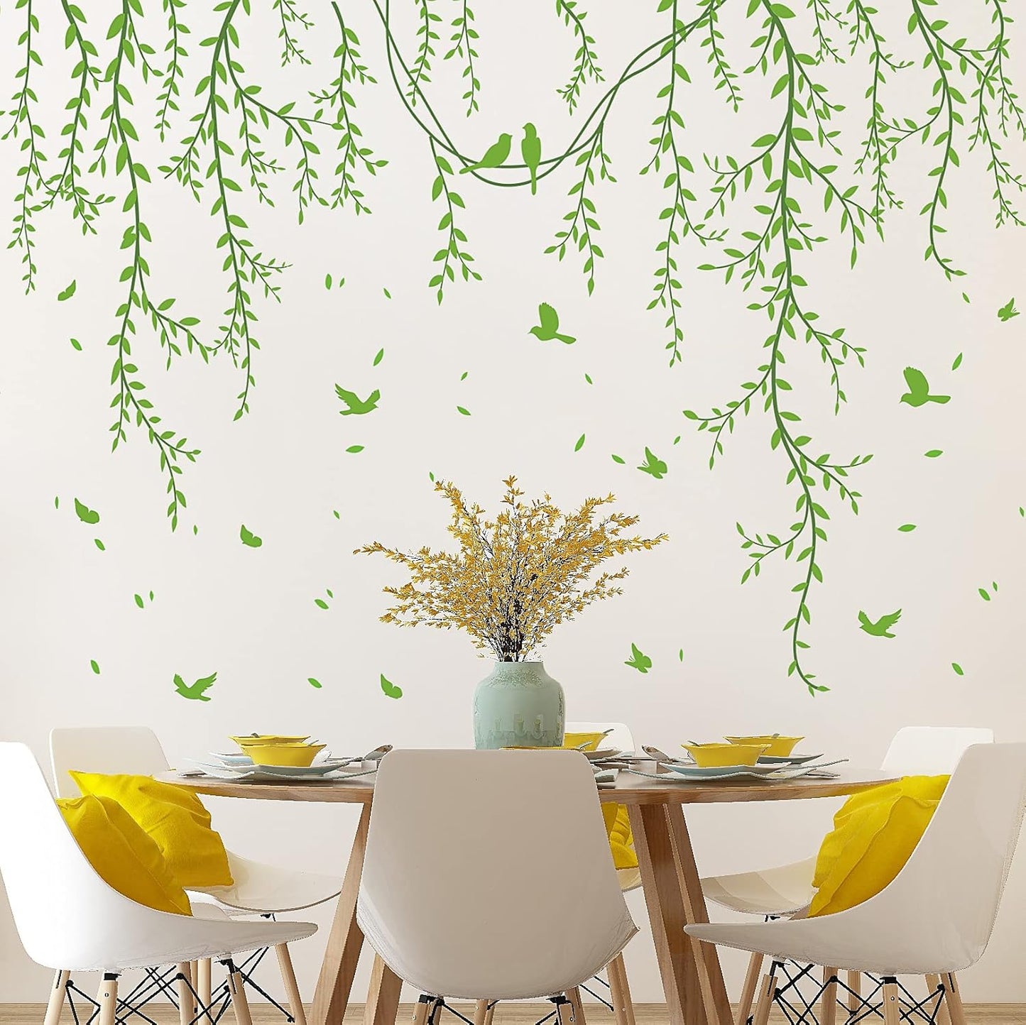 Hanging Willow Branch Wall Stickers DIY Green Vine Leaf Plant Wall Decals Peel and Stick Grass Birds Butterfly Art Mural Decortions for Kids Baby Girls Nursery Bedroom Living Room Offices Classroom (Green)