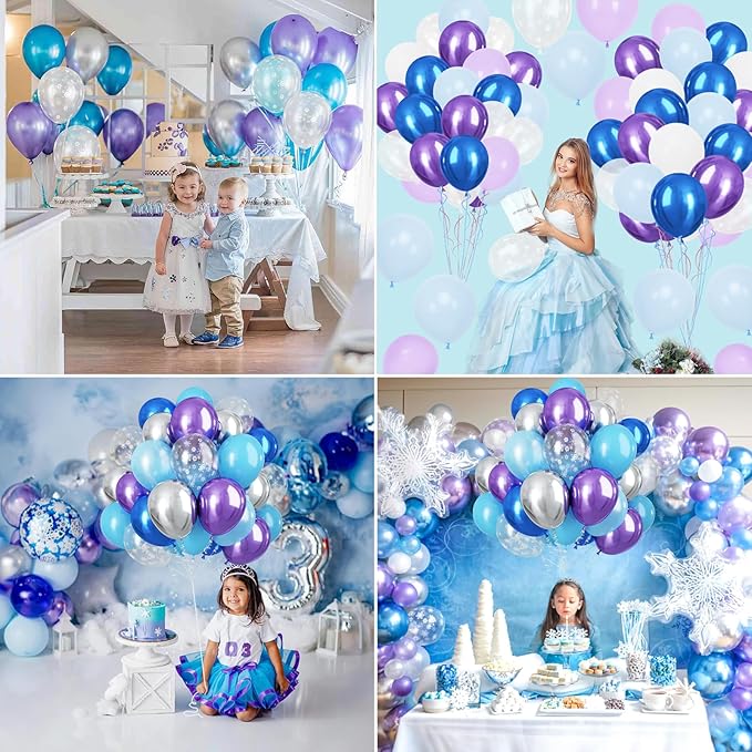 Blue and Purple Balloons, 60pcs 12Inch Macaron Metallic Blue Purple Snowflake Confetti Latex Balloons with Ribbon for Girls Party Snowflake Ice Snow Theme Birthday Party Decoration