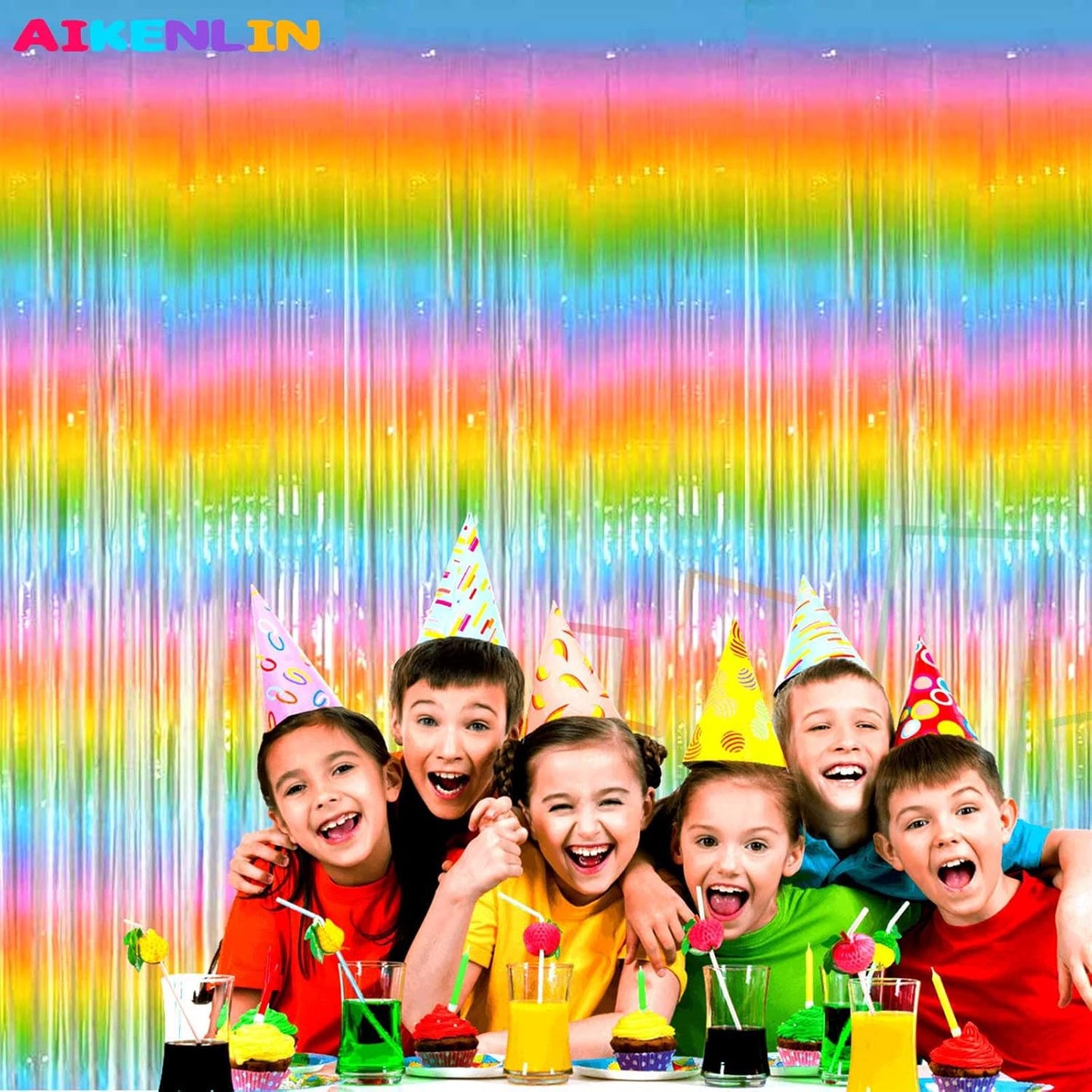 4 Pack 3.3Ft x 6.6Ft Rainbow Foil Fringe Curtain Backdrop, Colorful Metallic Tinsel Foil Fringe Streamers Curtains Background for Photo Booth, Birthday, Wedding, Halloween, Christmas Party Decoration