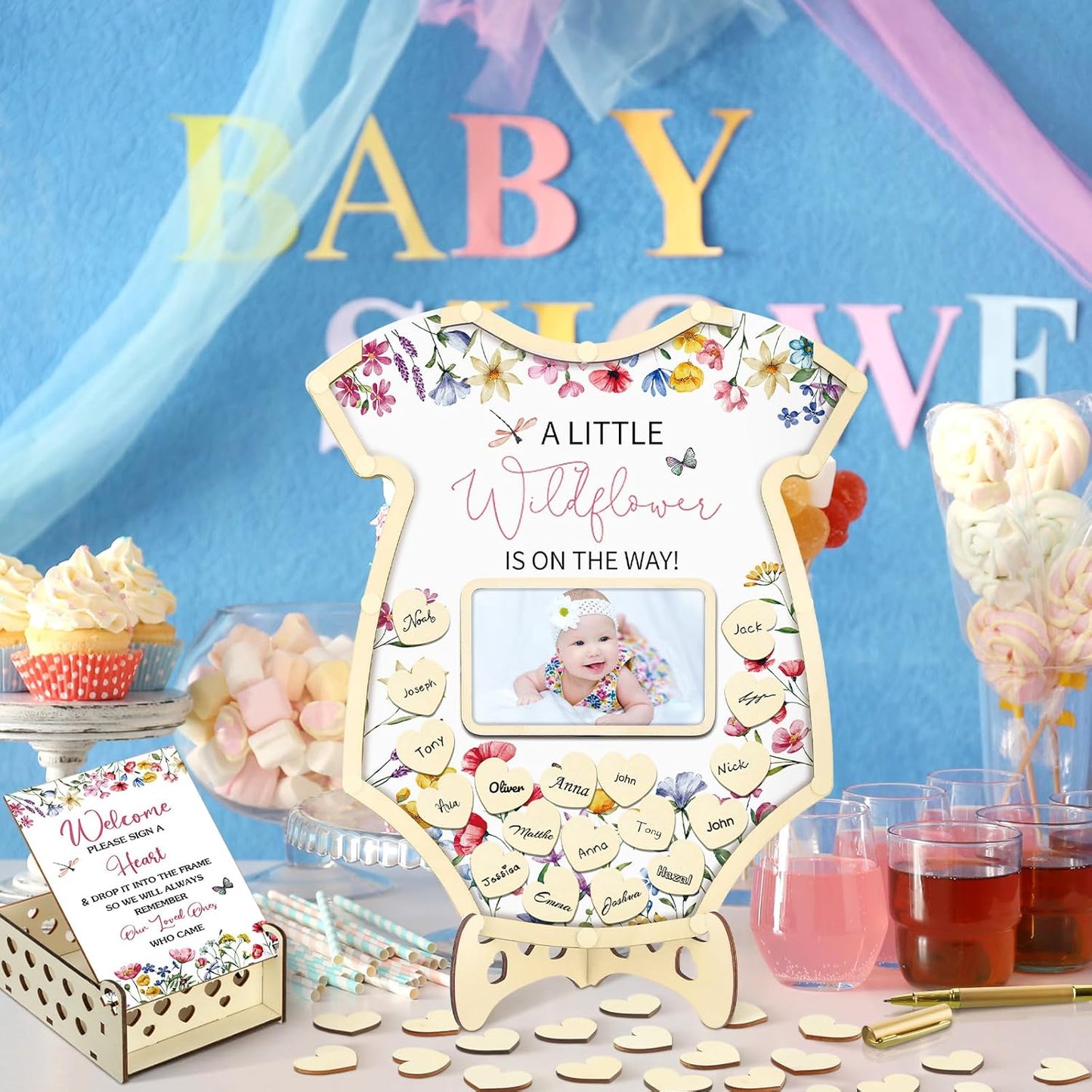 Wenqik 63 Pcs Wildflower Baby Shower Guest Book Alternatives Set Baby Shower Decorations with Photo Frame Sonogram Frame Keepsake 60 Wood Slices Guest Book for Birthday