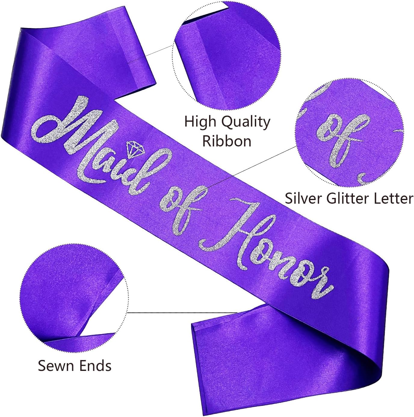 Maid of Honor Sash, Purple Sash with Silver Glitter Letter Bachelorette Party Sash for Bridal Shower Wedding Party Accessories Supplies Engagement Gifts