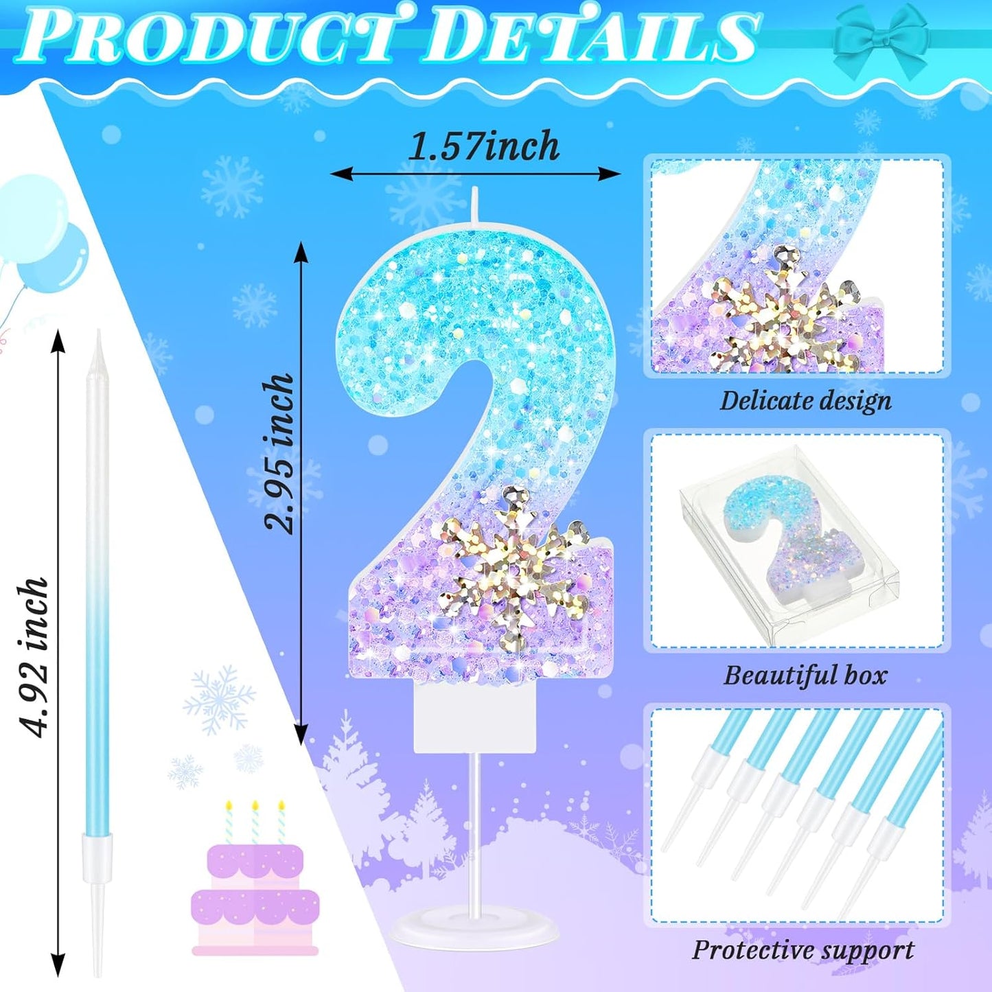 MTLEE Number 2 Birthday Candle Blue Snowflake with 6 Long Thin Cupcake Candles Blue Sparklers Glitter Number Happy Birthday Cake Topper Decorations for Winter Party Supplies