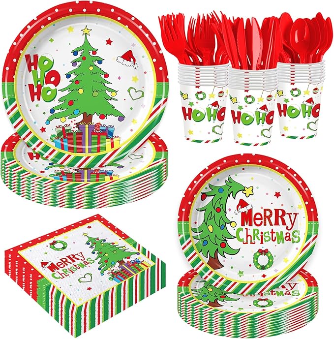 168Pcs Christmas Party Supplies Green Red Christmas Plates and Napkins Tableware Sets for Xmas Party Decorations Serves 24 Guests