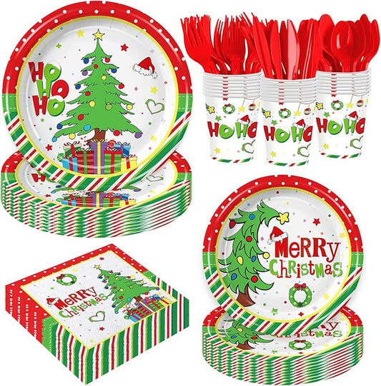 168Pcs Christmas Party Supplies Green Red Christmas Plates and Napkins Tableware Sets for Xmas Party Decorations Serves 24 Guests