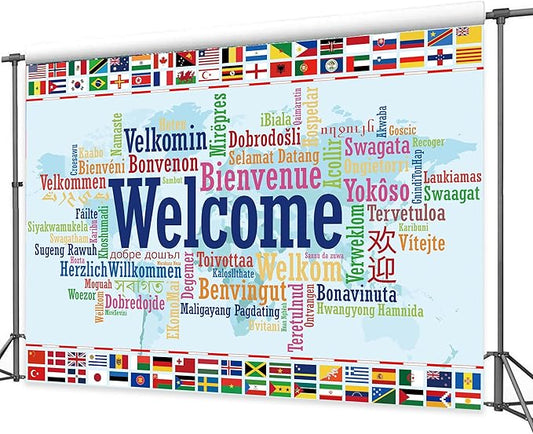 Homewelle International Flag Backdrop 8Wx6H Feet Polyester Fabric World Map Colorful Multilingual Welcome Banner Decoration Country Events Sports Club Favors Photography Background Photo Shoot Props