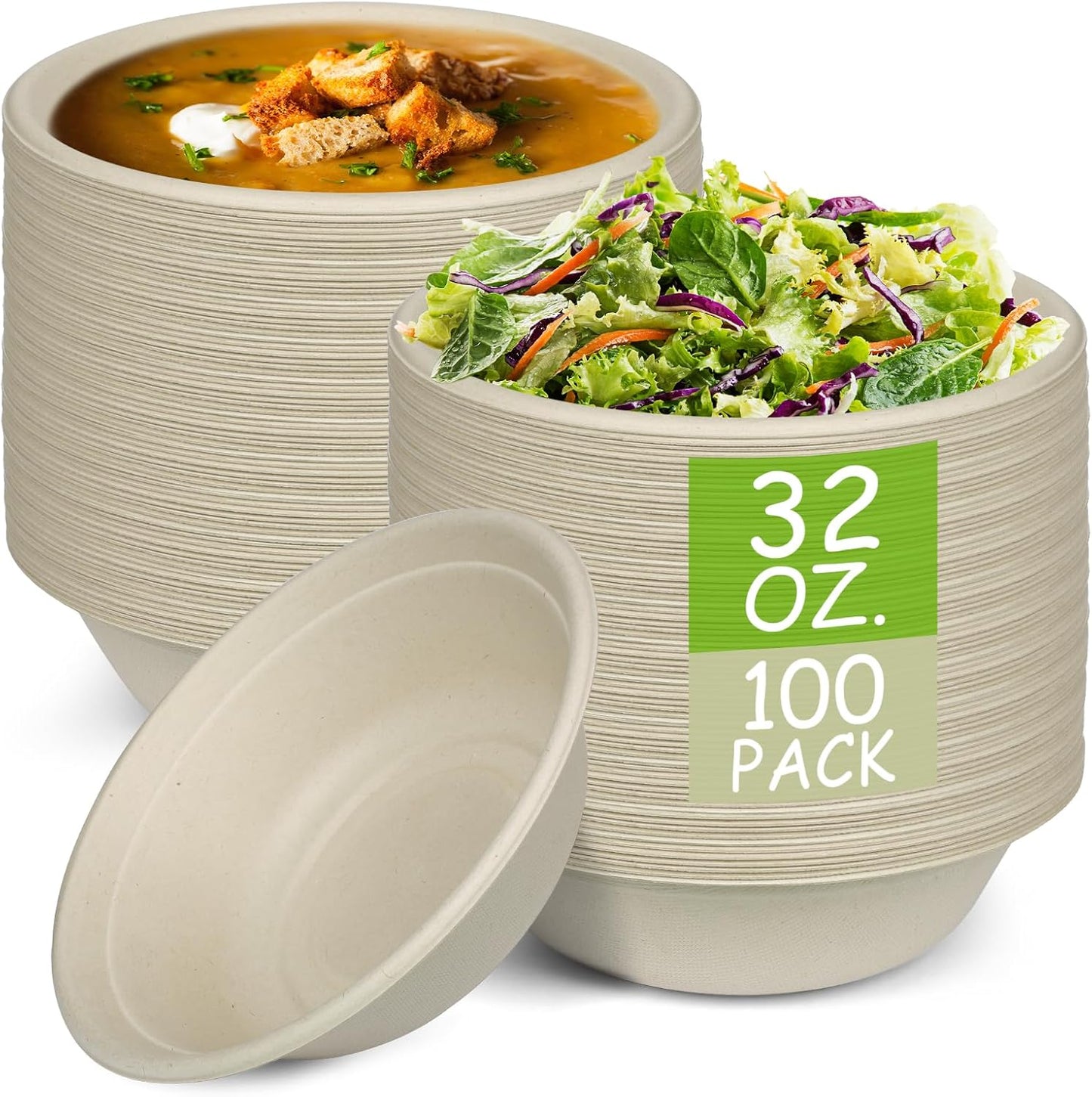 Paper Bowls, 100% Compostable Disposable Soup/Salad Bowls 32 Oz 100 Pack, PFAS-Free BPI Certified Eco-Friendly Hot/Cold Food Bowls, Natural Brown