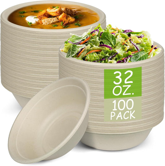 Paper Bowls, 100% Compostable Disposable Soup/Salad Bowls 32 Oz 100 Pack, PFAS-Free BPI Certified Eco-Friendly Hot/Cold Food Bowls, Natural Brown
