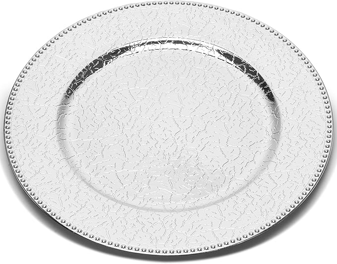 12-Piece Charger Plate Set, Silver Plastic Dinner Chargers 13 Inch for Anniversary Home Decor Table Setting (Lucky Silver, 12 PCS)