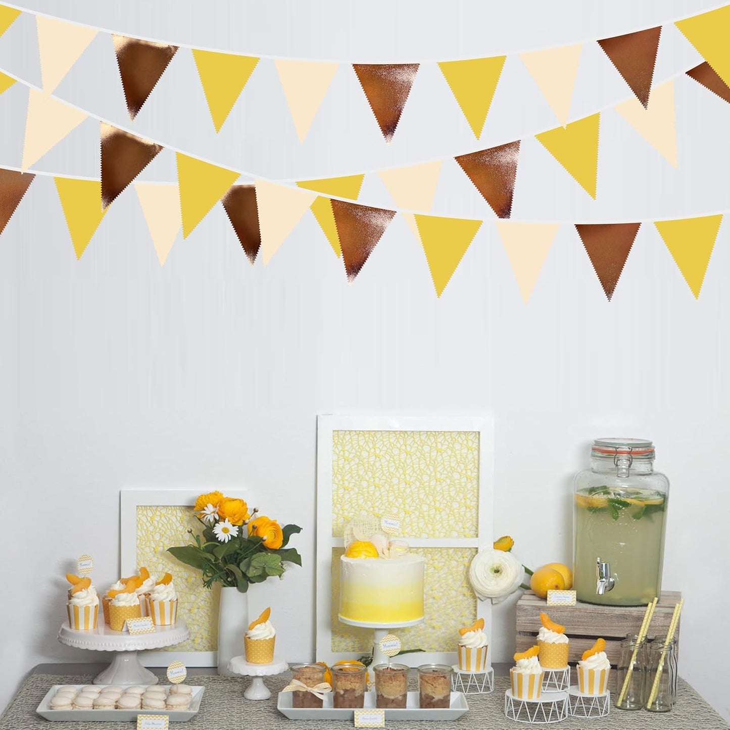 32Ft Yellow Brown Party Decorations Metallic Brown Mustard Yellow Triangle Banner Flag Pennant Fabric Garland Streamers for Boho Birthday Bee Baby Shower Sunflower Party Outdoor Decor Supplies