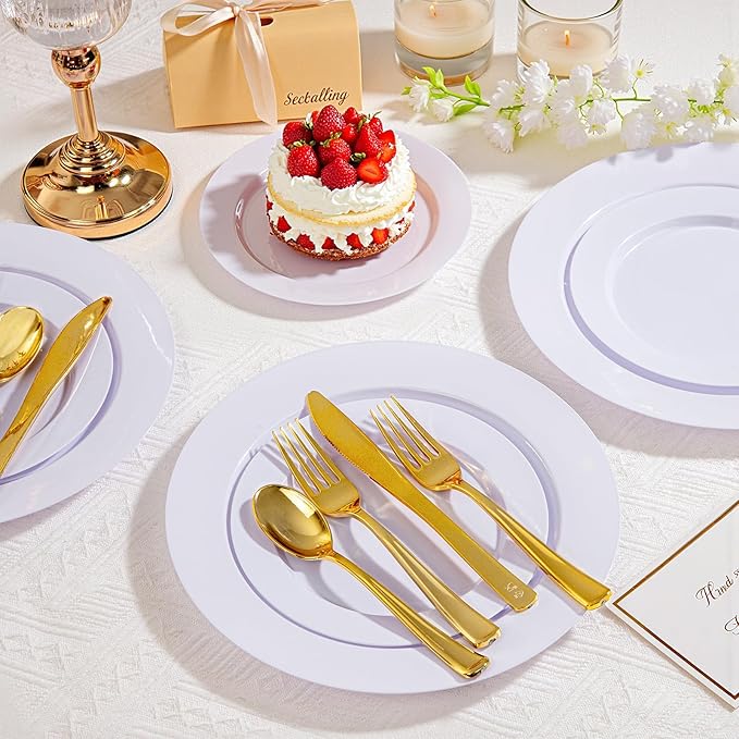 100PCS White Plastic Plates, 10 Inch Disposable Dinner Plate Party, Heavy Duty Disposable Plastic Plates for Party, Wedding and Birthday