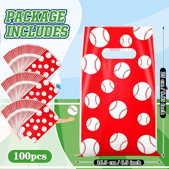Frienda 100 Pcs Baseball Treat Bags with Handles, Red White Plastic Baseball Party Favors Bag Baseballs Snacks Bags for Candy Small Gifts, Team Events Birthday and Sports Celebrations Decorations