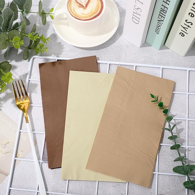 Whaline 150Pcs Fall Brown Guest Paper Napkins 3 Colors Dinner Hand Napkin Towel 3 ply Disposable Napkins for Autumn Harvest Thanksgiving Holiday Home Party Table Decor Supplies