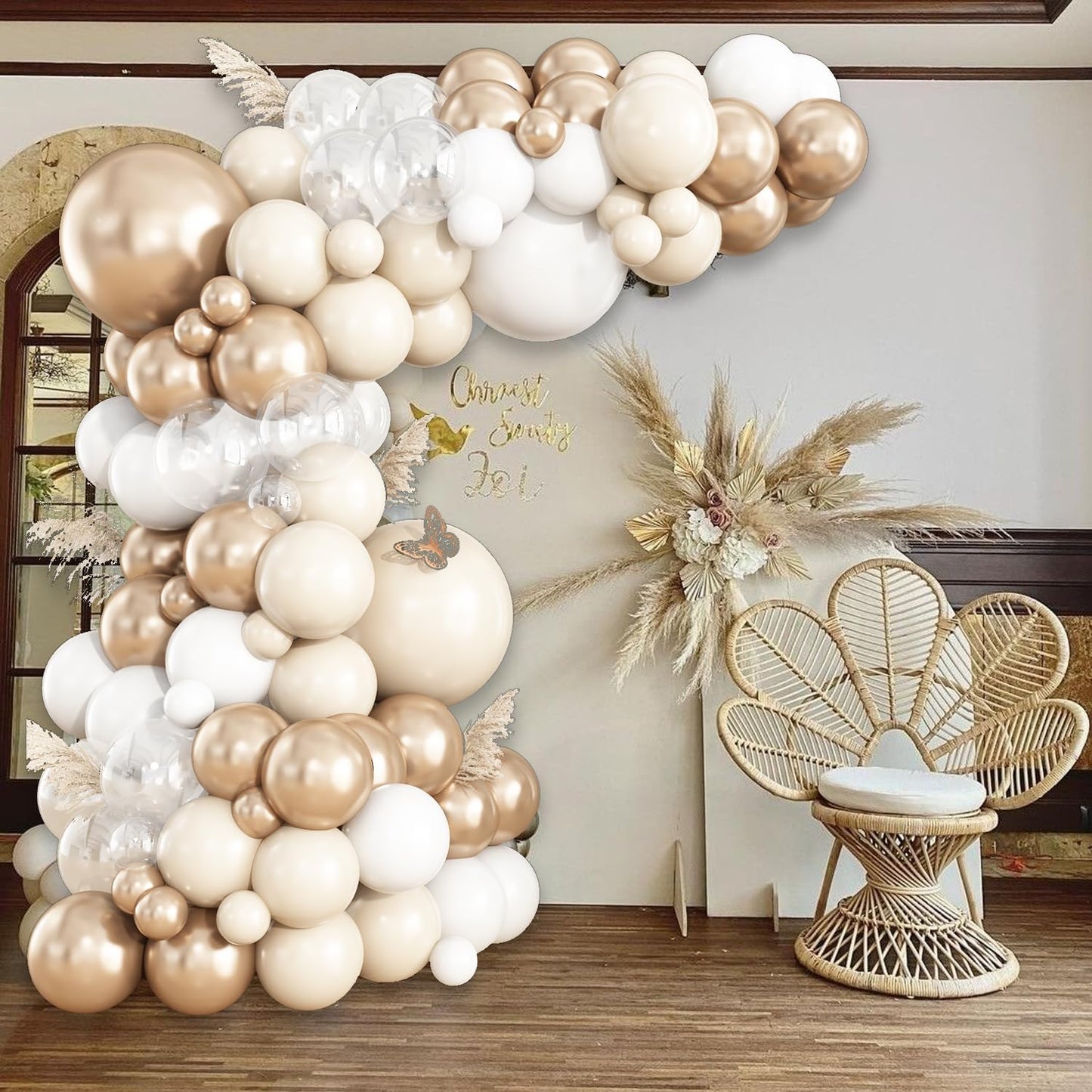 White Sand Champagne Gold Balloon Garland Arch Kit, 148Pcs Neutral Clear Balloons for Baby Shower Wedding Bridal Shower Anniversary Engagement Birthday Party Decorations