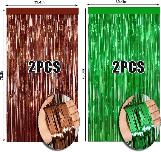 4 Packs Football Foil Fringe Curtain, Brown Green Glitter Metallic Tinsel Backdrop for Birthday, Baby Shower, Super Bowl, Football Game Day Party Decorations Supplies