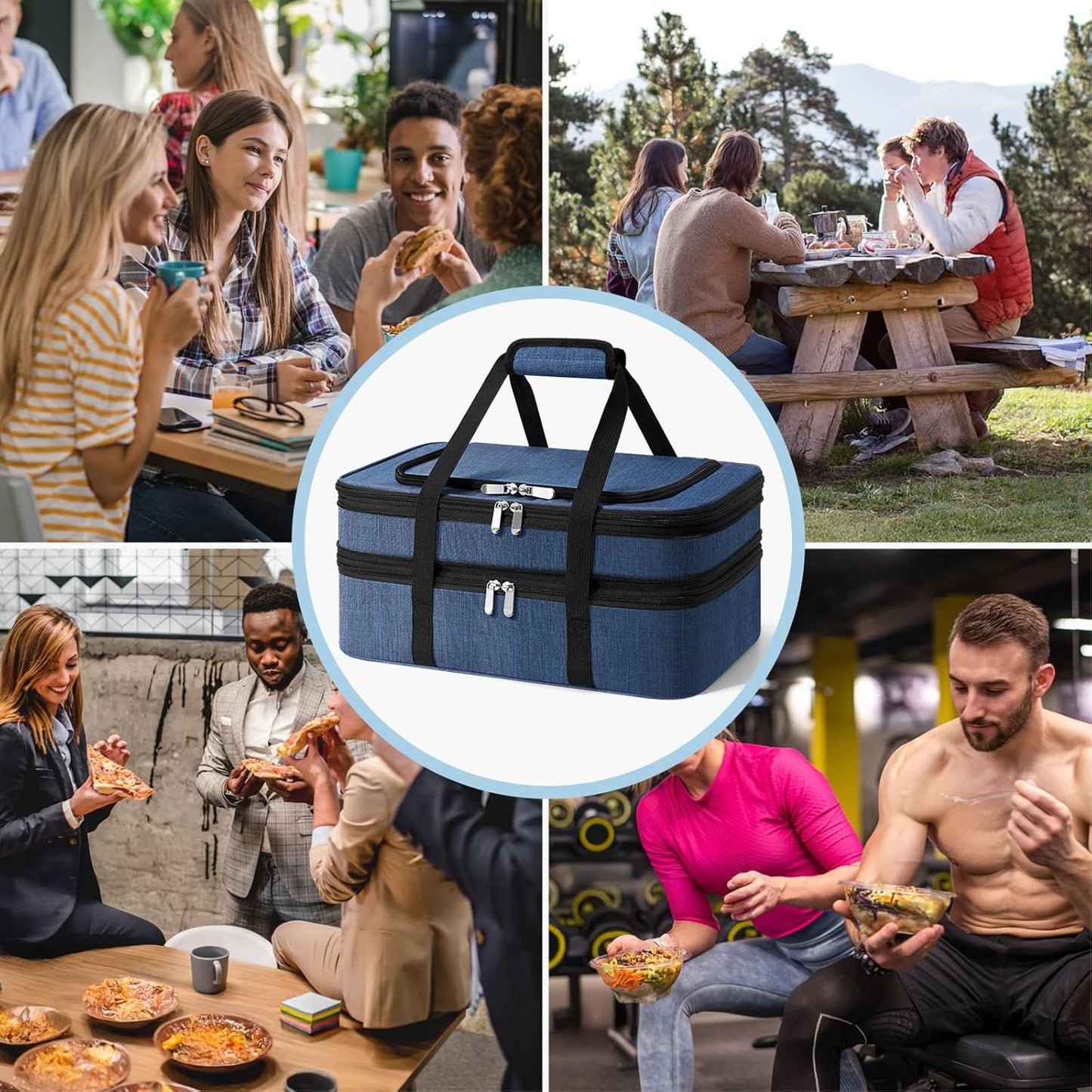 Insulated Double Casserole Carrier - Portable Casserole Carriers for Hot or Cold Food Lunch Tote Warmer or Cooler Bag for Potluck Parties Picnic Cookouts, Fits 9" x 13" Baking Dish - Navy Blue