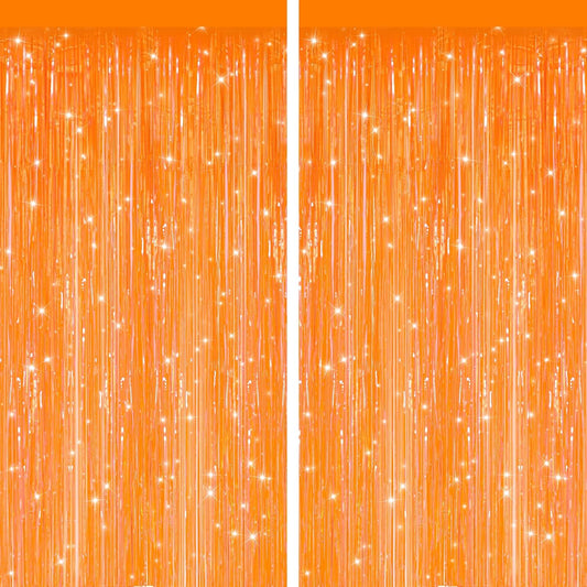 2 Pack Orange Metallic Tinsel Foil Fringe Curtains, Door Streamers Photo Booth Backdrop for Birthday Party, Tinsel Curtain Backdrop for Baby Shower Bachelorette Christmas Party Decorations