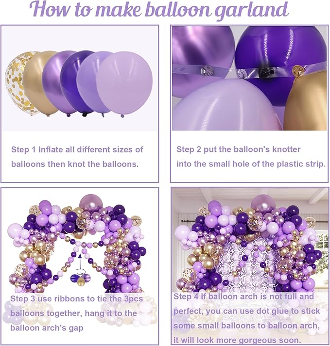 Purple Balloon Garland Arch Kit, 162pcs Dark Purple Lavender Light Pastel Purple Chrome Gold Confetti Balloons for Wedding bridal shower Mothers Day Princess Birthday Butterfly Party Decorations