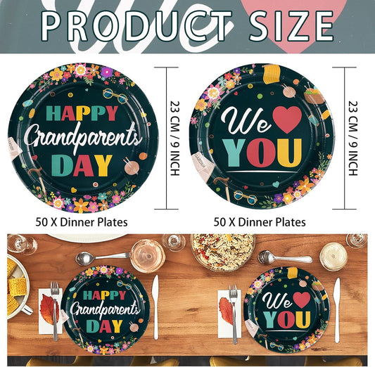 Grencian 50Pcs Grandparents Day Party Supplies 9'' Happy Grandparents Day Paper Plates Grandma and Grandpa Disposable Tableware for Grandma and Grandpa Home Party Supplies