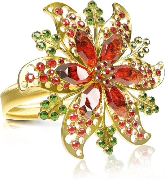 Legigo Set of 8 Christmas Flower Napkin Rings Set for Dinning Table Setting- Red Rhinestone Xmas Winter Napkin Ring Holders for Cloth Napkins, Christmas Holiday Party Dinner Table Decoration