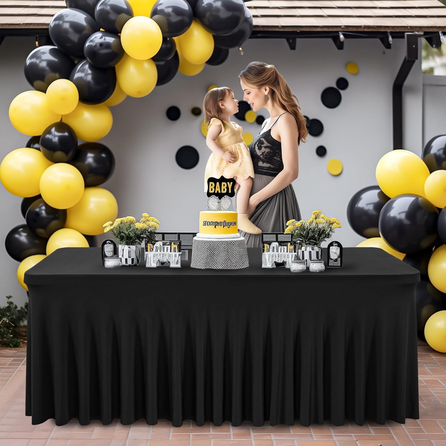 PARTISKY Black Spandex Tablecloth for 8ft Rectangle Tables, Stretchable Table Cover Skirt for Folding Tables Weddings Parties Banquets Events Trade Shows and Dessert Table